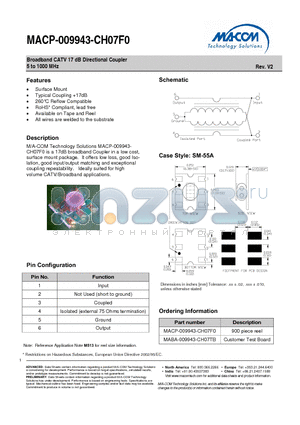 MACP-009943-CH07F0 datasheet - Broadband CATV 17 dB Directional Coupler