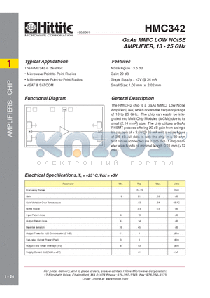 HMC342 datasheet - GaAs MMIC LOW NOISE AMPLIFIER, 13 - 25 GHz