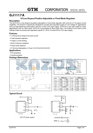 GJ1117A datasheet - 1A Low Dropout Positive Adjustable or Fixed-Mode Regulator