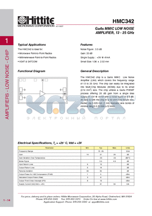 HMC342 datasheet - GaAs MMIC LOW NOISE AMPLIFIER, 13 - 25 GHz