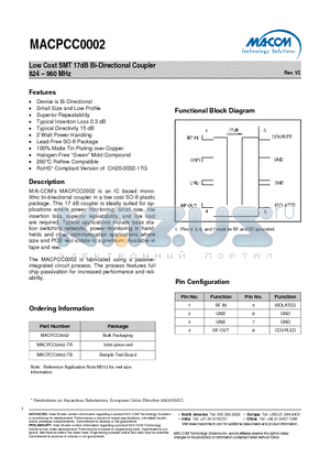 MACPCC0002-TB datasheet - Low Cost SMT 17dB Bi-Directional Coupler 824 - 960 MHz