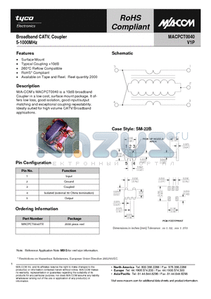 MACPCT0040 datasheet - Broadband CATV, Coupler 5-1000MHz