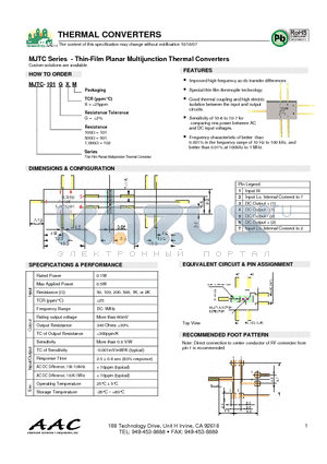 MJTC-102GXM datasheet - Thin-Film Planar Multijunction Thermal Converters