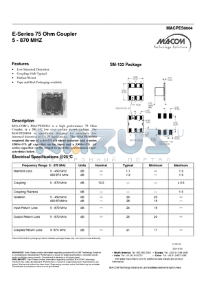 MACPES0004 datasheet - E-Series 75 Ohm Coupler 5 - 870 MHZ
