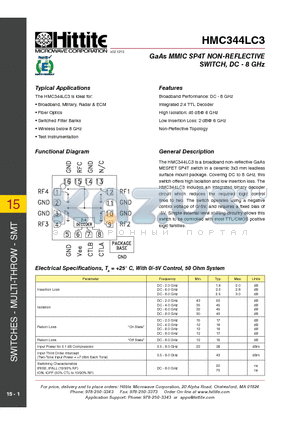 HMC344LC3 datasheet - GaAs MMIC SP4T NON-REFLECTIVE SWITCH, DC - 8 GHz