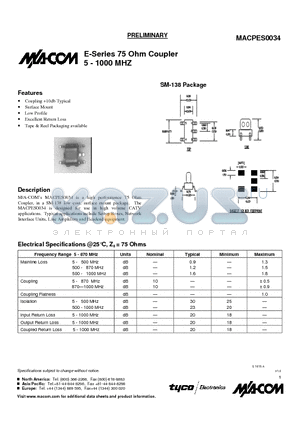 MACPES0034 datasheet - E-Series 75 Ohm Coupler 5 - 1000 MHZ