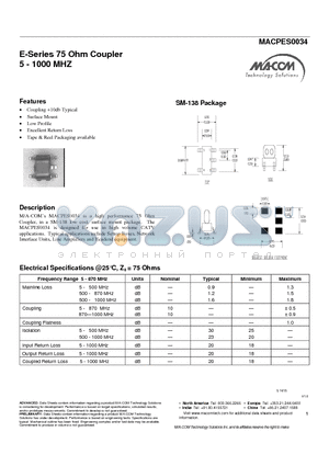 MACPES0034 datasheet - E-Series 75 Ohm Coupler 5 - 1000 MHZ
