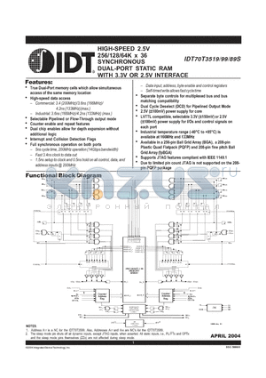 IDT70T3519S166BF datasheet - HIGH-SPEED 2.5V 256/128/64K x 36 SYNCHRONOUS DUAL-PORT STATIC RAM WITH 3.3V OR 2.5V INTERFACE