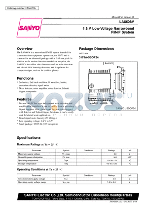 LA8608V datasheet - 1.8 V Low-Voltage Narrowband FM-IF System