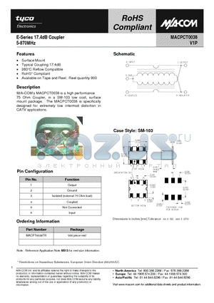 MACPT0038TR datasheet - E-Series 17.4dB Coupler 5-870MHz
