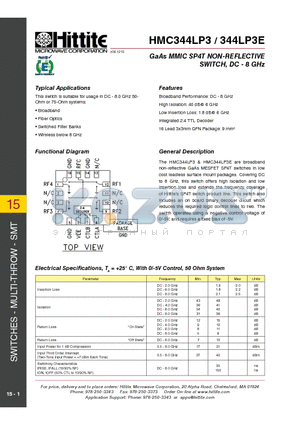 HMC344LP3E datasheet - GaAs MMIC SP4T NON-REFLECTIVE SWITCH, DC - 8 GHz