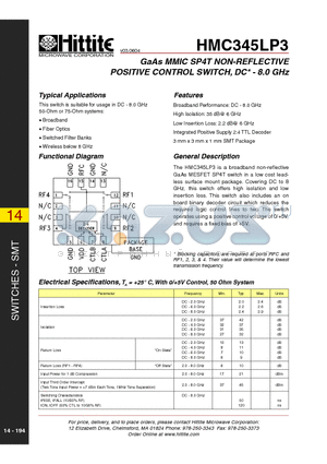 HMC345LP3 datasheet - GaAs MMIC SP4T NON-REFLECTIVE POSITIVE CONTROL SWITCH, DC - 8.0 GHz