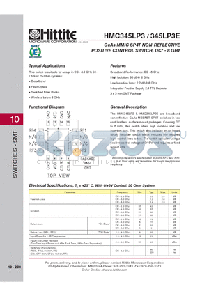 HMC345LP3_08 datasheet - GaAs MMIC SP4T NON-REFLECTIVE POSITIVE CONTROL SWITCH, DC* - 8 GHz