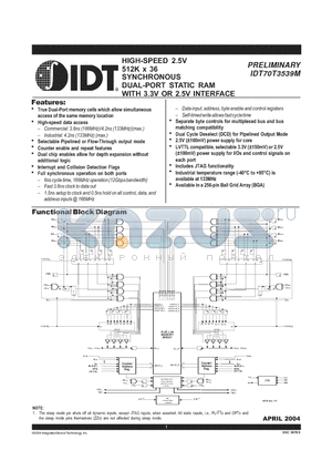 IDT70T3539MS999BC datasheet - HIGH-SPEED 2.5V 512K x 36 SYNCHRONOUS DUAL-PORT STATIC RAM WITH 3.3V OR 2.5V INTERFACE
