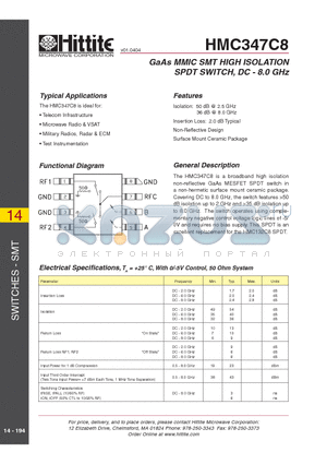 HMC347C8 datasheet - GaAs MMIC SMT HIGH ISOLATION SPDT SWITCH, DC - 8.0 GHz