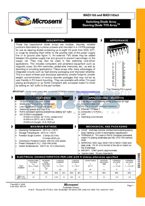 MAD1103 datasheet - Switching Diode Array Steering Diode TVS ArrayTM