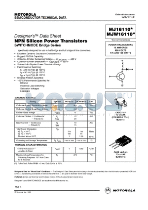 MJW16110 datasheet - POWER TRANSISTORS 15 AMPERES 400 VOLTS 175 AND 135 WATTS