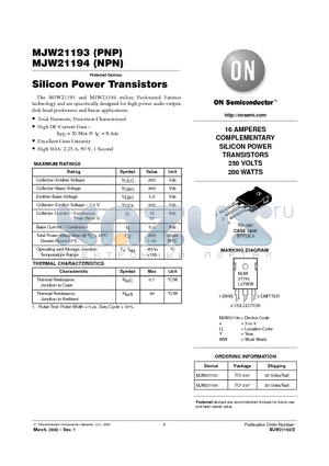 MJW21193 datasheet - Silicon Power Transistors