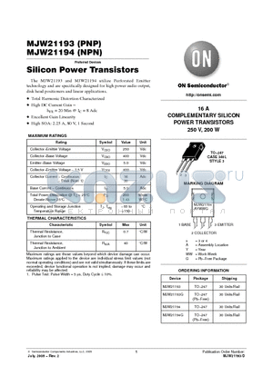 MJW21194G datasheet - 16 A COMPLEMENTARY SILICON POWER TRANSISTORS 250 V, 200 W