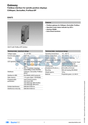 GK473.0075PD2 datasheet - Gateway Fieldbus interface for spindle position displays CANopen, DeviceNet, Profibus-DP