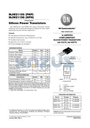 MJW21196 datasheet - 16 AMPERES COMPLEMENTARY SILICON POWER TRANSISTORS 250 VOLTS, 200 WATTS