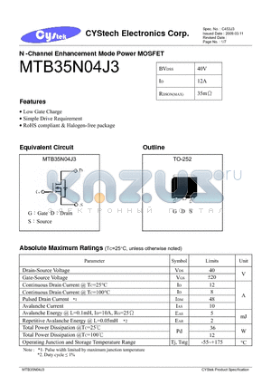 MTB35N04J3 datasheet - N -Channel Enhancement Mode Power MOSFET