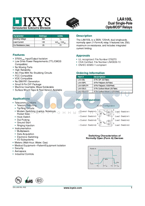 LAA100L datasheet - Dual Single-Pole OptoMOS Relays