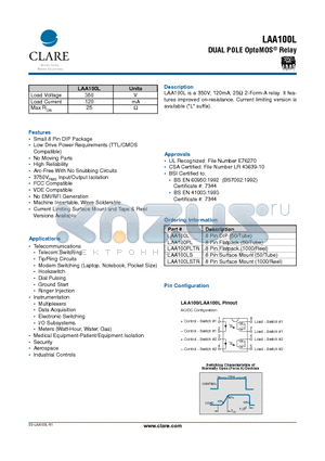 LAA100LSTR datasheet - DUAL POLE OptoMOS Relay