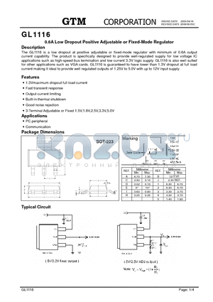 GL1116 datasheet - 0.6A Low Dropout Positive Adjustable or Fixed-Mode Regulator