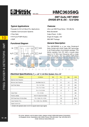 HMC363S8G datasheet - SMT GaAs HBT MMIC DIVIDE-BY-8, DC - 12.0 GHz