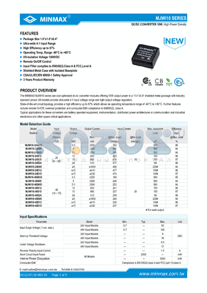 MJWI10-24D12 datasheet - DC/DC CONVERTER 10W, High Power Density