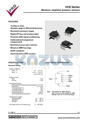 HCE0611AUQ9P3 datasheet - Miniature amplified pressure sensors