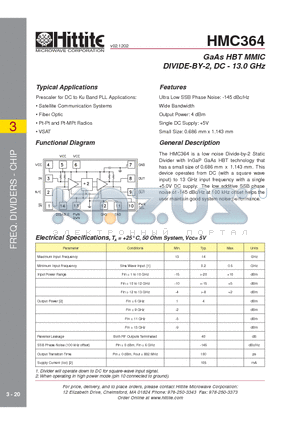 HMC364 datasheet - GaAs HBT MMIC DIVIDE-BY-2, DC - 13.0 GHz