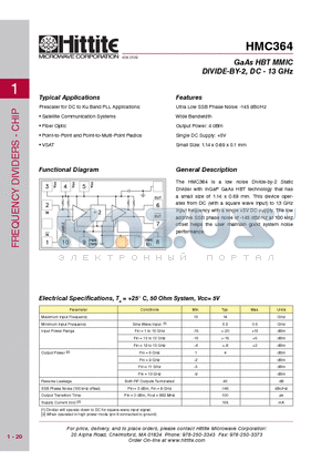 HMC364 datasheet - GaAs HBT MMIC DIVIDE-BY-2, DC - 13 GHz