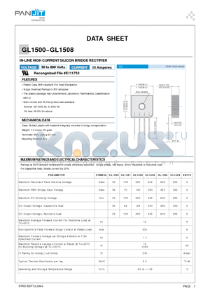 GL1500 datasheet - IN-LINE HIGH CURRENT SILICON BRIDGE RECTIFIERS(VOLTAGE - 50 to 800 Volts CURRENT - 15 to 35 Amperes)