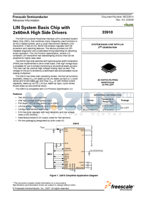 MC33910BACR2 datasheet - LIN System Basis Chip with 2x60mA High Side Drivers