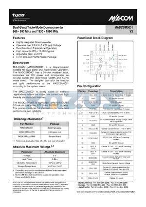MADCSM0001 datasheet - Dual-Band/Triple-Mode Downconverter 869 - 893 MHz and 1930 - 1990 MHz