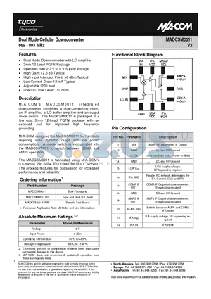 MADCSM0011 datasheet - Dual Mode Cellular Downconverter 869 - 893 MHz