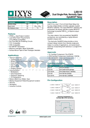 LAA110S datasheet - Dual Single-Pole, Normally Open OptoMOS Relay