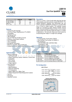 LAA110PTR datasheet - Dual Pole OptoMOS Relays
