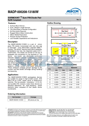 MADP-000208-13180W datasheet - SURMOUNT TM 8lm PIN Diode Pair RoHS Compliant