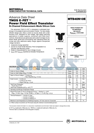 MTB40N10E datasheet - TMOS POWER FET 40 AMPERES 100 VOLTS