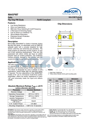 MADP-000907-13050P datasheet - GaAs Flip Chip PIN Diode