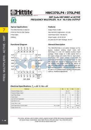 HMC370LP4 datasheet - SMT GaAs HBT MMIC x4 ACTIVE FREQUENCY MULTIPLIER, 14.4 - 16.4 GHz OUTPUT