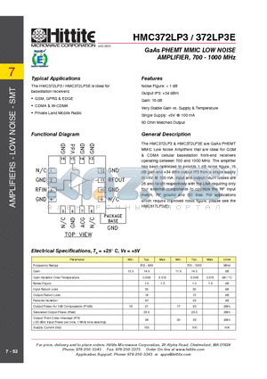 HMC372LP3 datasheet - GaAs PHEMT MMIC LOW NOISE AMPLIFIER, 700 - 1000 MHz