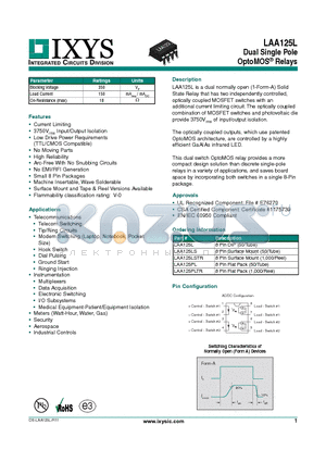 LAA125L datasheet - Dual Single Pole OptoMOS Relays