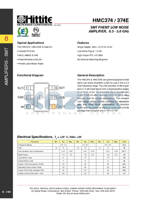 HMC374 datasheet - SMT PHEMT LOW NOISE AMPLIFIER, 0.3 - 3.0 GHz