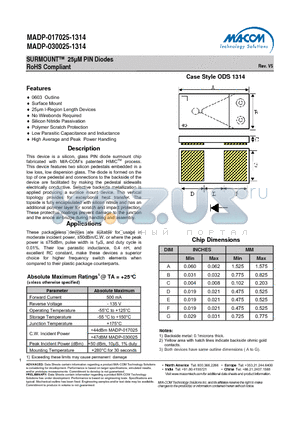 MADP-017025-1314 datasheet - SURMOUNT 25lM PIN Diodes RoHS Compliant