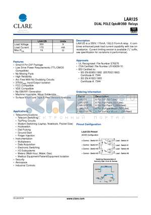 LAA125PTR datasheet - DUAL POLE OptoMOS Relays