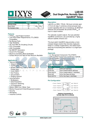 LAA125PTR datasheet - Dual Single-Pole, Normally Open OptoMOS Relays